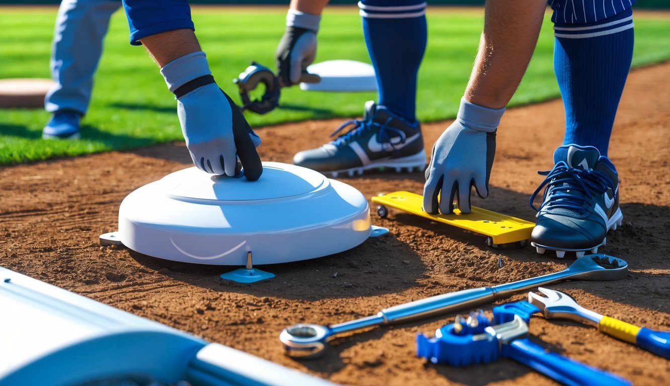 A person adjusting a baseball base on a field with tools nearby, preparing and maintaining the base.