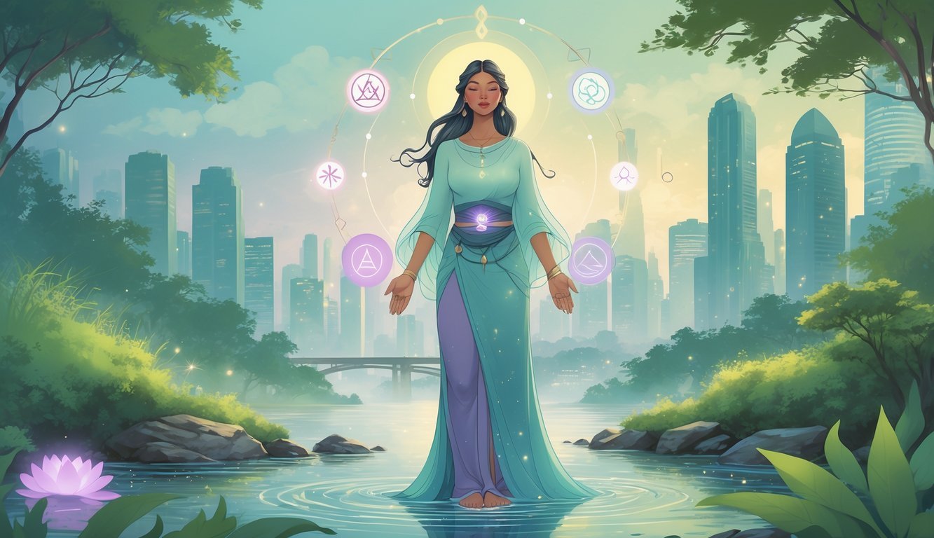 A serene goddess stands in a natural setting blending a city skyline with greenery and water, surrounded by glowing spiritual symbols and abstract patterns.