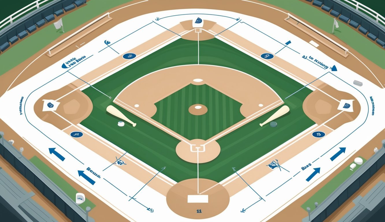 A baseball field showing the four bases arranged in a diamond shape with arrows indicating base running paths and baseball equipment nearby.