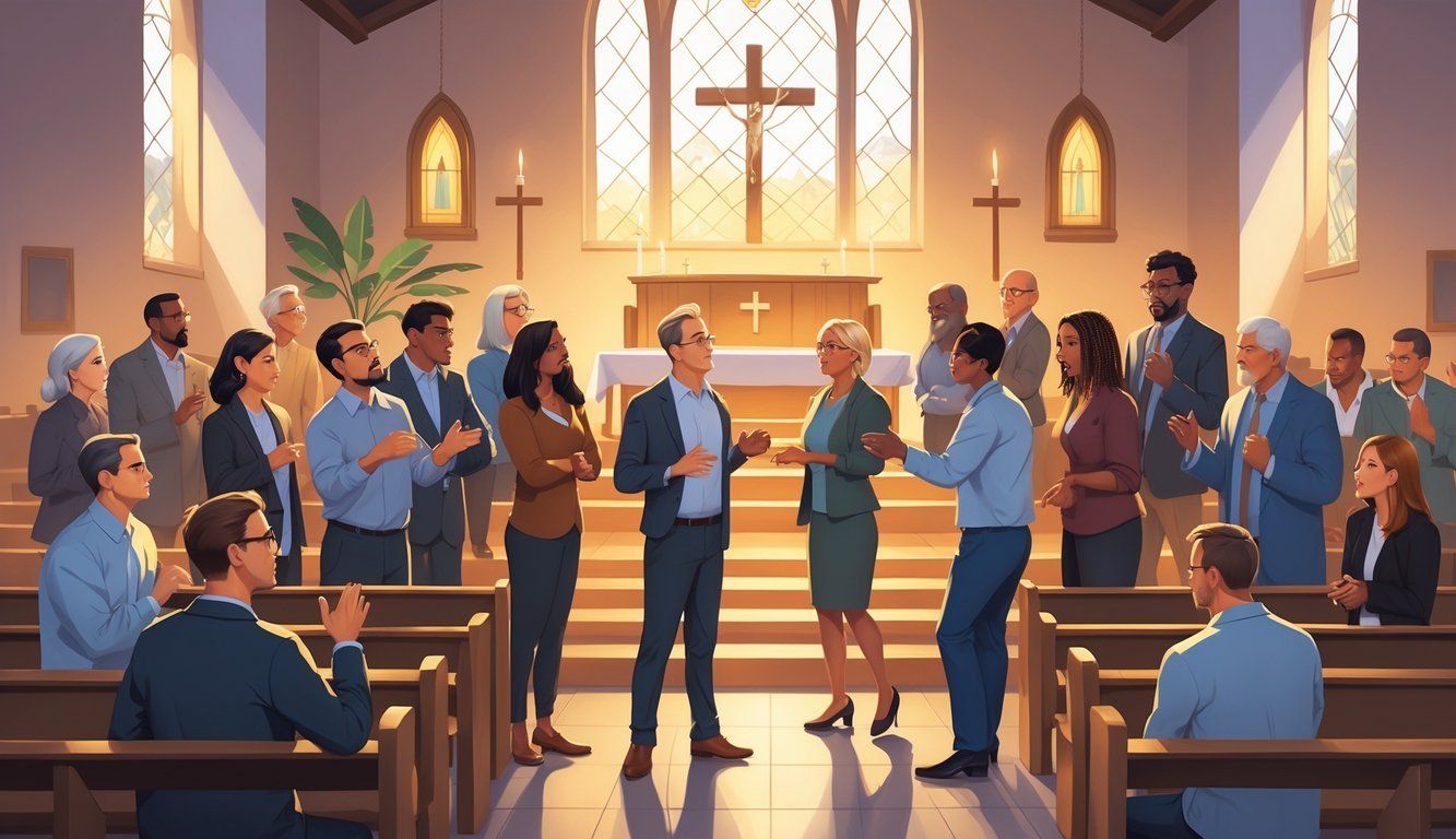 Inside a church, diverse groups of people are engaged in tense discussions with expressions of frustration and attempts at reconciliation, with a cracked stained glass window and divided pews symbolizing internal conflict.