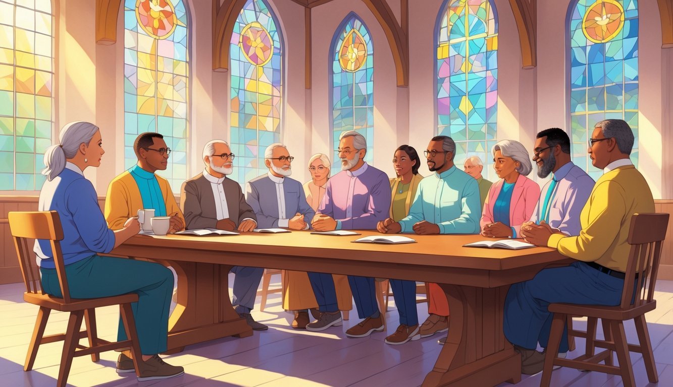 A diverse group of church members and leaders sitting around a table inside a church, engaged in calm and respectful discussion.