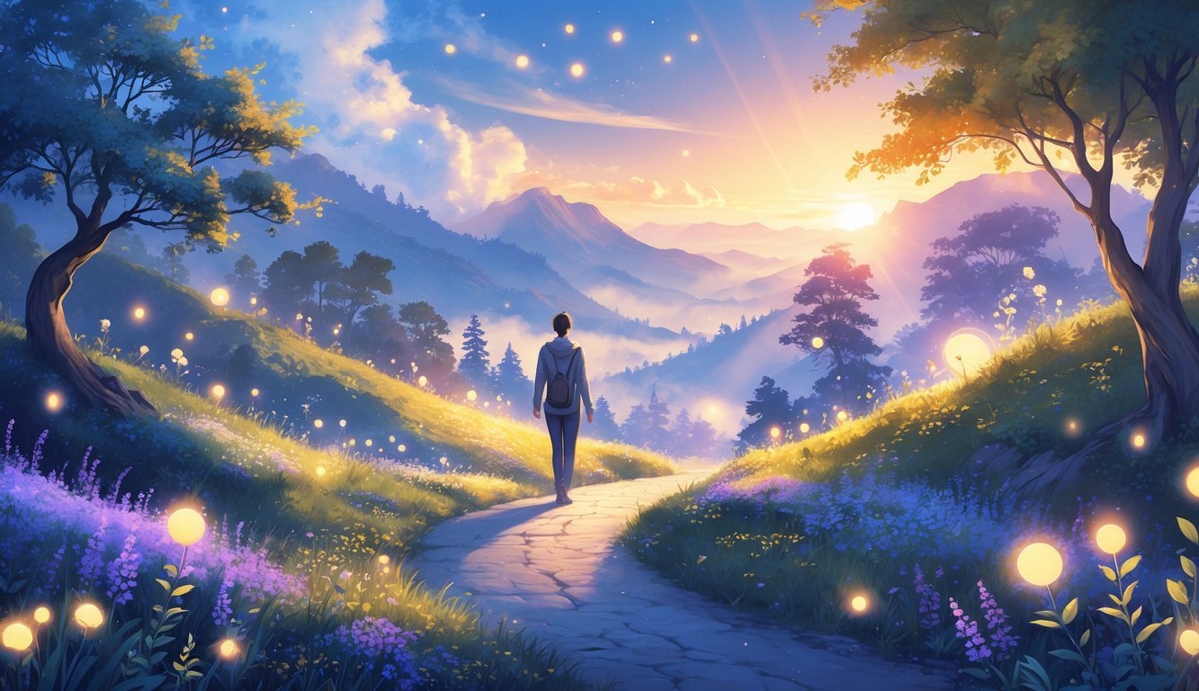 A person walking on a winding path through a vibrant natural landscape with glowing lights, blossoming flowers, and misty mountains in the distance.