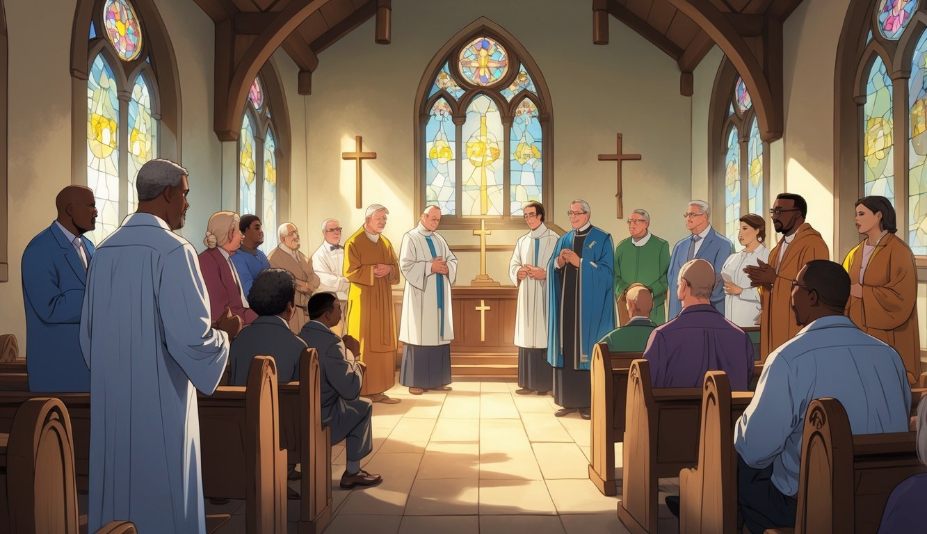 A group of church members and clergy having a serious discussion inside a church, showing expressions of tension and attempts at mediation.
