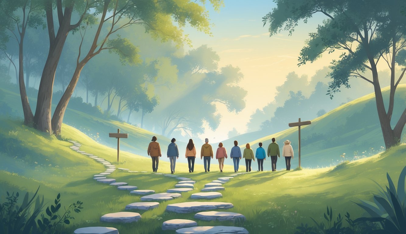 A winding path through a peaceful forest with people walking along it, surrounded by trees and gentle hills under a calm sky.