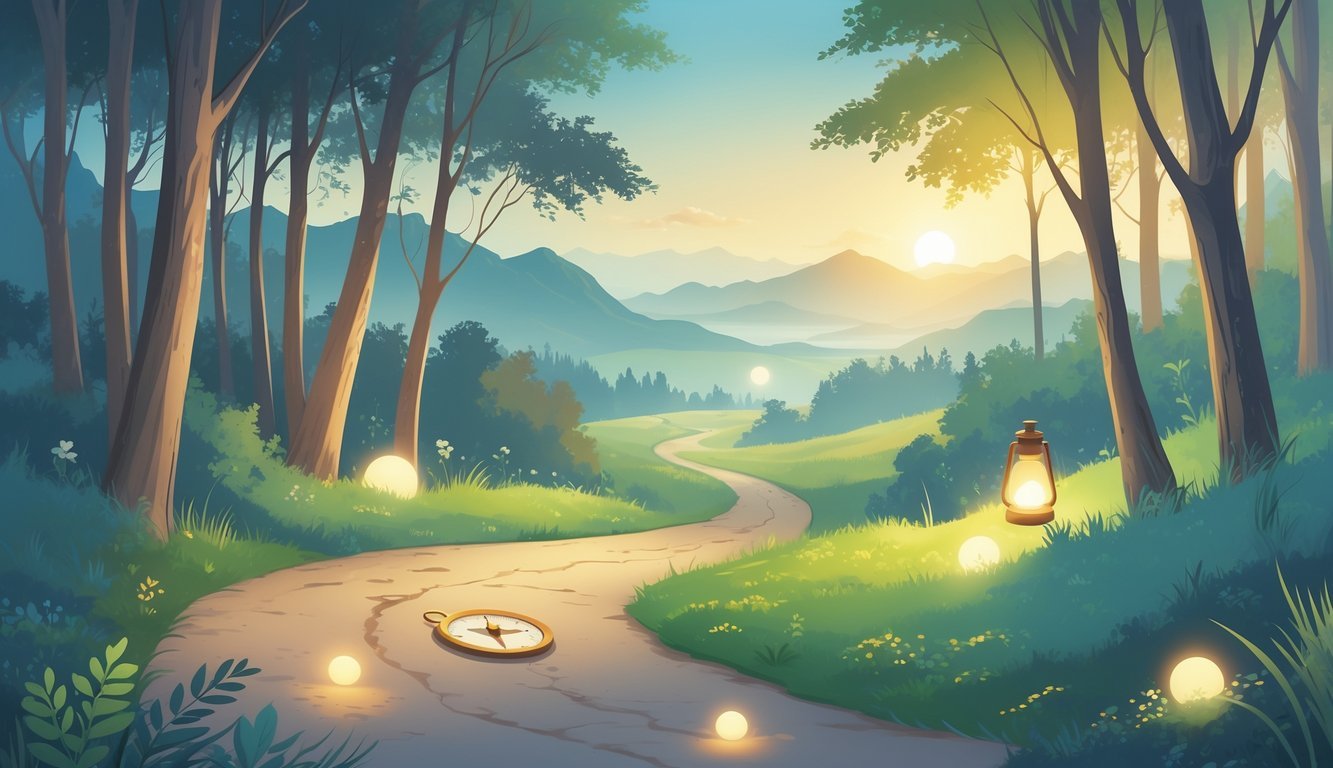 A winding path through a peaceful forest with glowing lights, leading toward distant mountains and a rising sun.