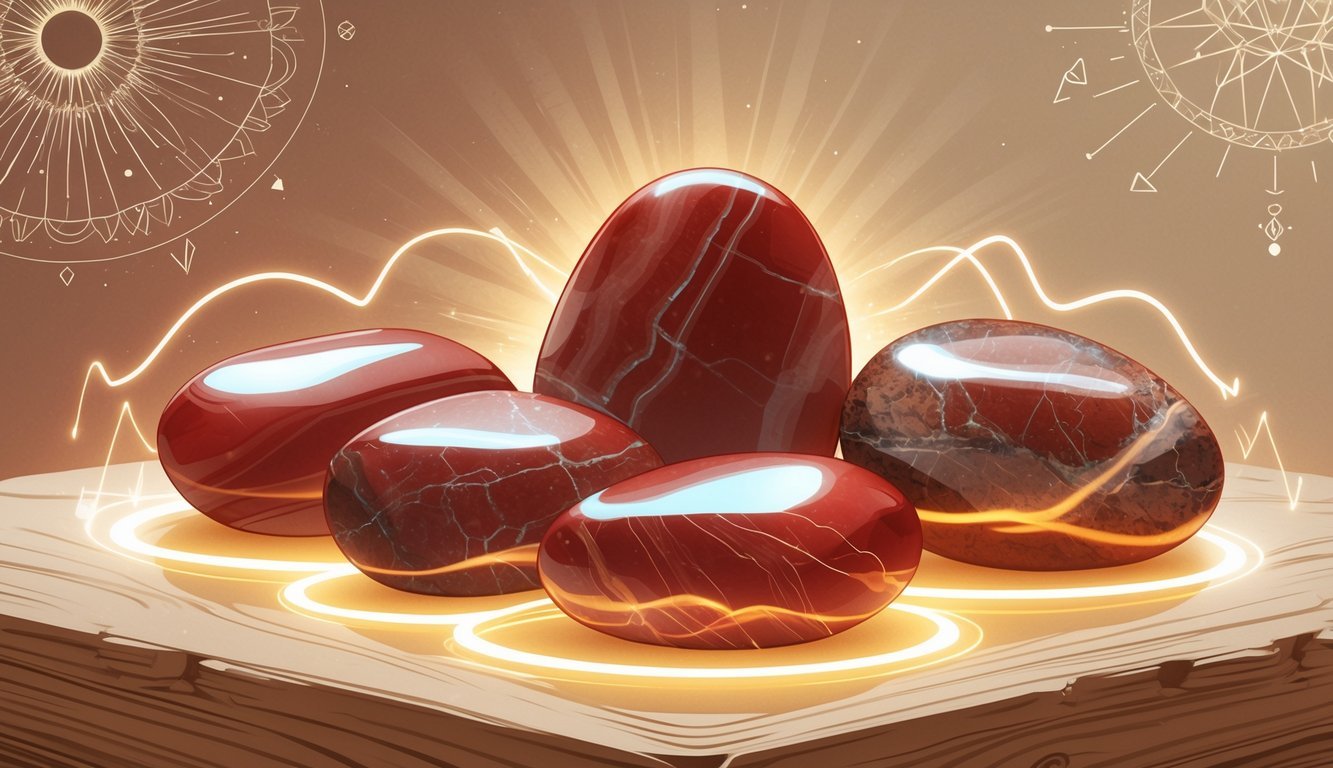 A group of polished red jasper stones glowing softly with mystical energy, surrounded by faint geometric patterns and warm earthy colors.