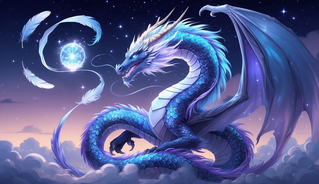 A majestic dragon coiled in a night sky with glowing stars, misty clouds, a crystal orb, ancient scrolls, and floating feathers surrounding it.