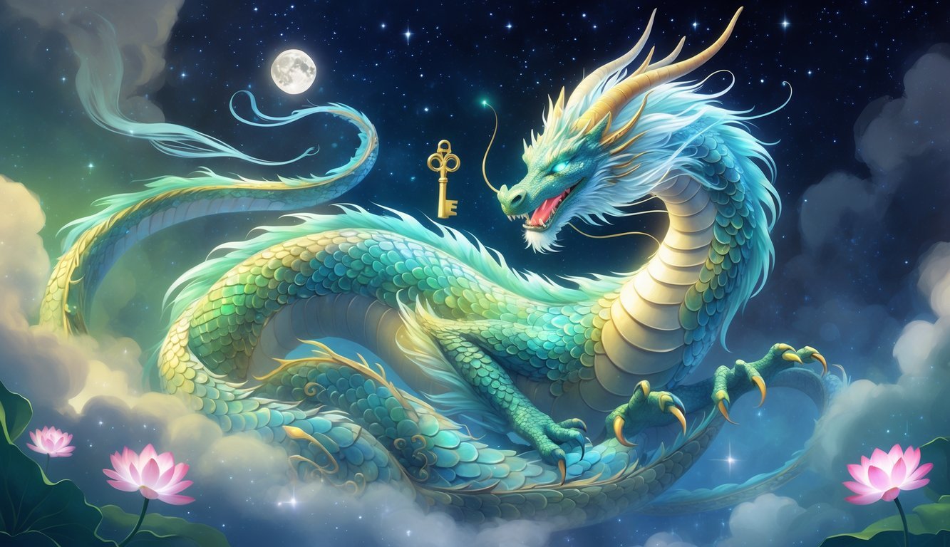 A glowing dragon surrounded by mist and symbols like a key, moon, and lotus flowers against a starry night sky.