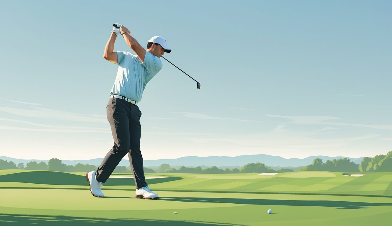 A golfer swinging a golf club with the left arm straight and fully extended on a golf course.