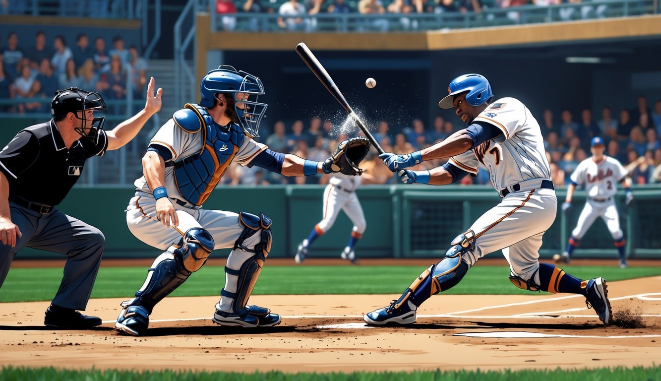 A baseball catcher reaches to catch a pitch while the batter swings and their bat touches the catcher's glove, with the umpire signaling interference behind them.