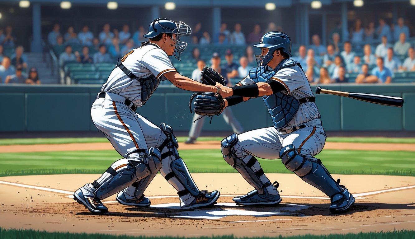 A baseball batter swings while the catcher behind home plate accidentally blocks the swing, with an umpire watching closely.