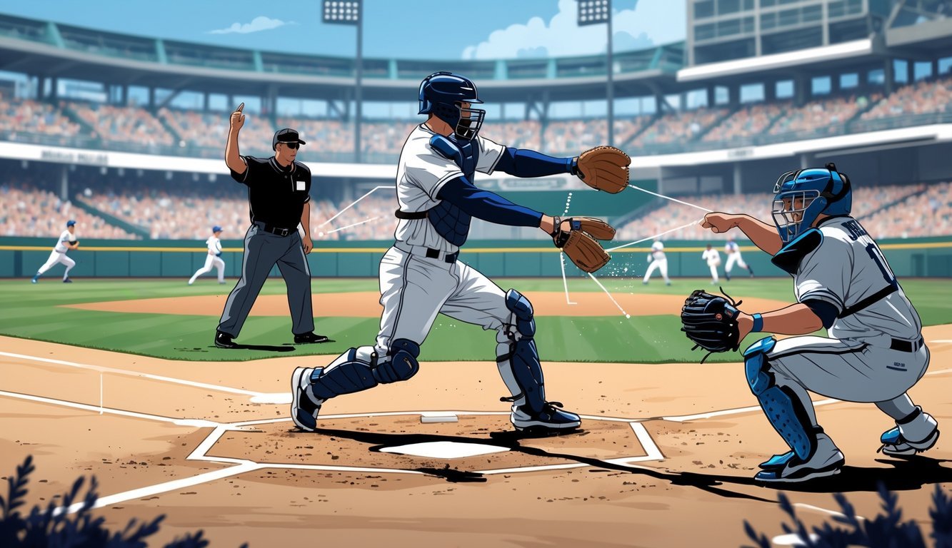 A baseball catcher reaching to catch a pitch while obstructing the batter's swing, with an umpire making a call in the background on a baseball field.