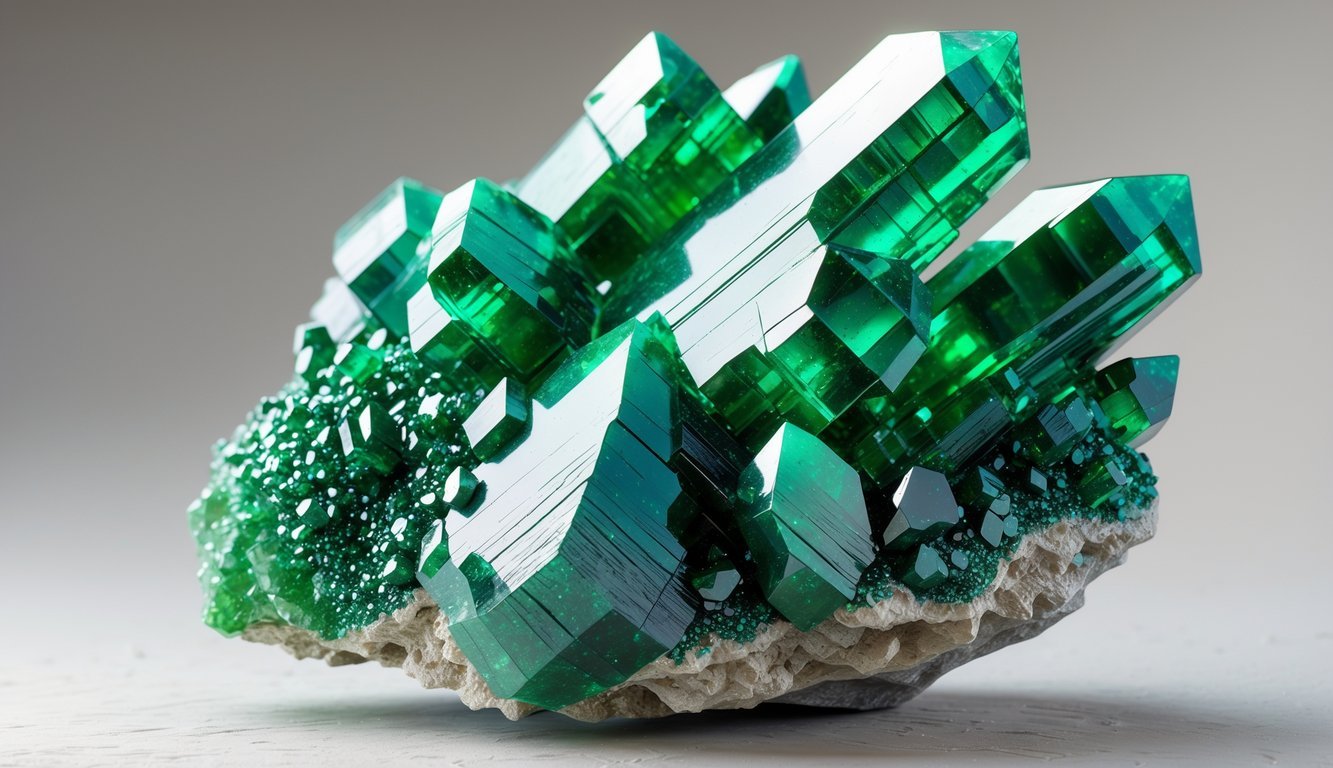 A detailed illustration of a green fuchsite mineral cluster with shiny, layered crystals on a neutral background.