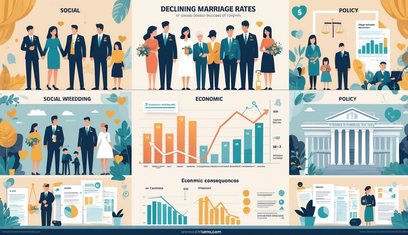 An illustration showing the social, economic, and policy effects of declining marriage rates, with fewer couples, economic charts, and government officials discussing policies.