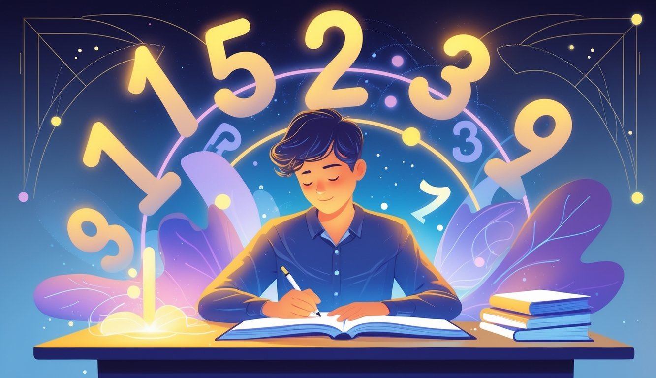 A person sitting at a desk writing in a journal surrounded by glowing numbers and abstract shapes symbolizing self-expression and personal growth.