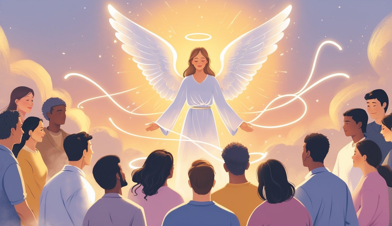 An angel with glowing wings above a group of people experiencing moments of growth and enlightenment, connected by soft light trails against a warm sunrise background.