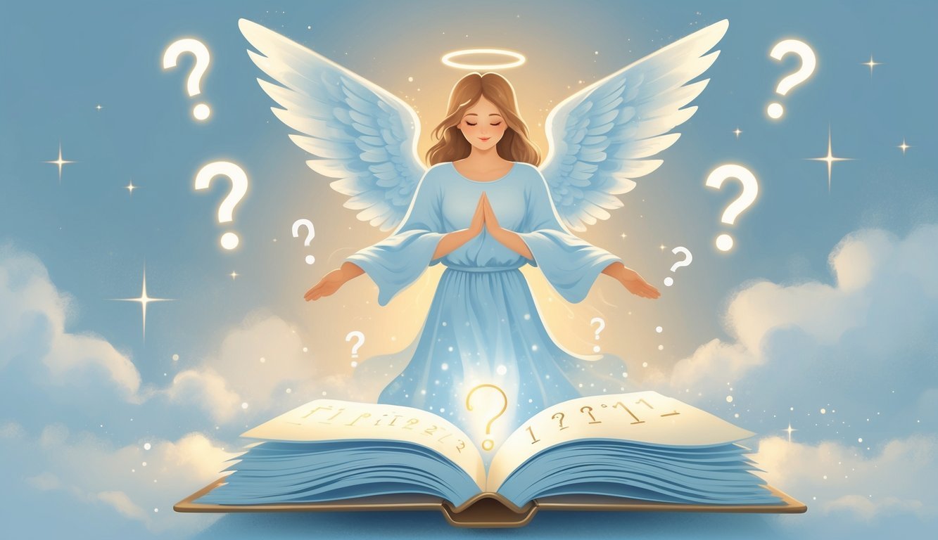 An angel with glowing wings hovering over an open book surrounded by soft light, stars, and subtle number patterns.