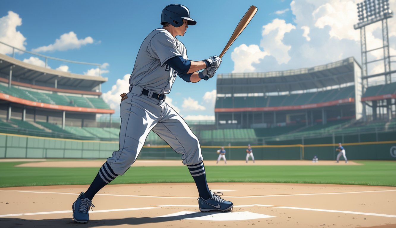 A baseball player in a batting stance on a baseball field, holding a bat ready to swing.