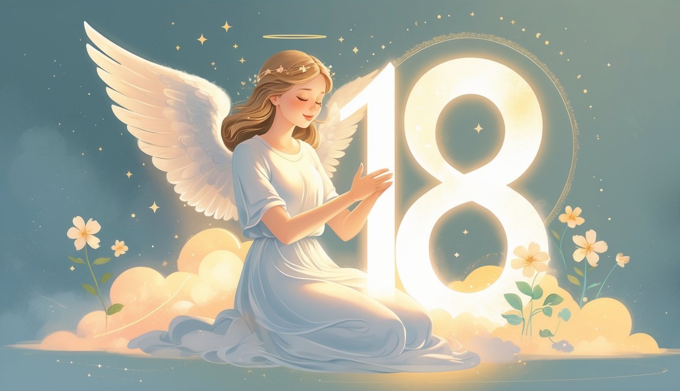 An angel with glowing wings gently holding a radiant number 18 surrounded by soft light, stars, and flowers.