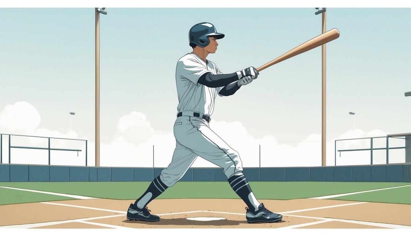 A baseball player standing in a proper batting stance on a field, holding a bat ready to hit.