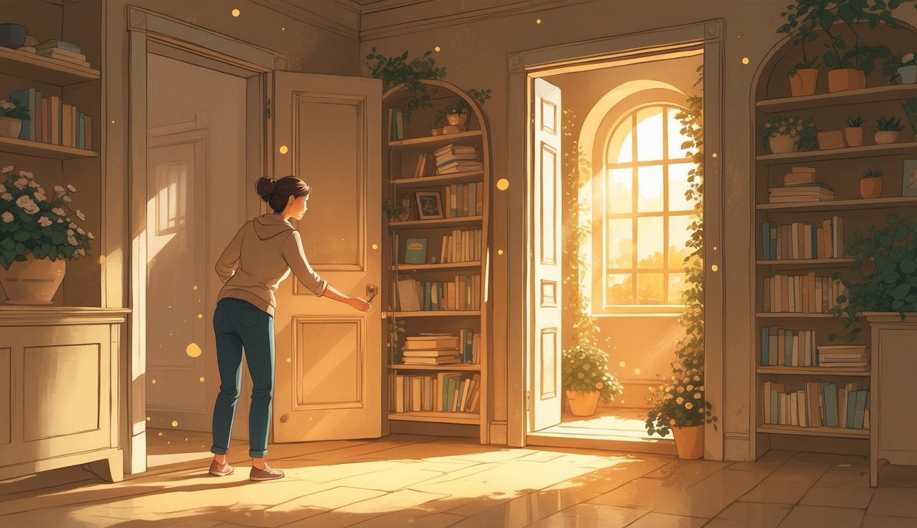 A person opening a hidden door in a hallway, revealing a bright room filled with plants and sunlight symbolizing personal growth and discovery.