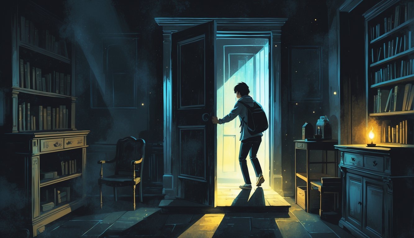 A person discovering a hidden door inside an old house, stepping into a secret room filled with antique furniture and books.