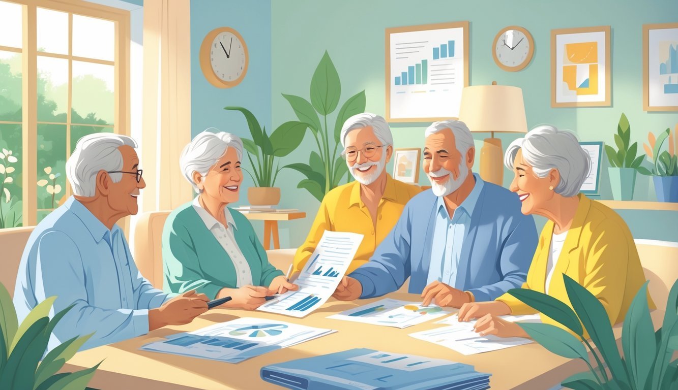 A group of seniors over 70 talking with a financial advisor in a cozy living room, looking engaged and comfortable.