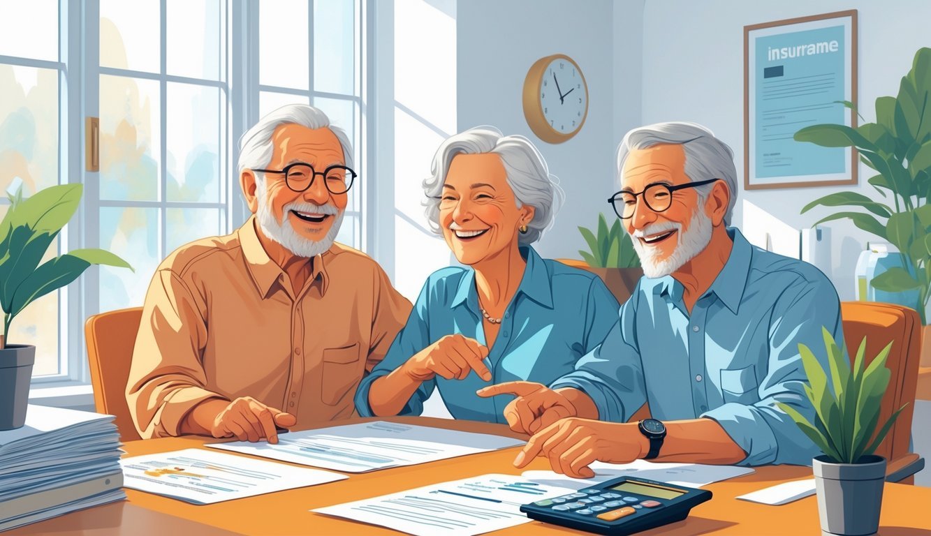 A senior couple sitting with an insurance agent at a table in a bright office, reviewing documents together.