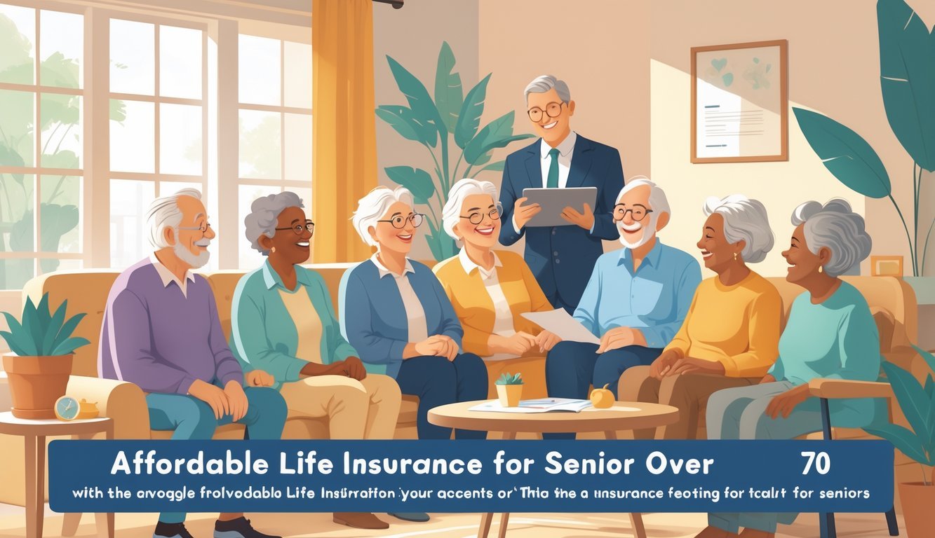 A group of elderly people talking with an insurance agent in a cozy living room, discussing life insurance options.
