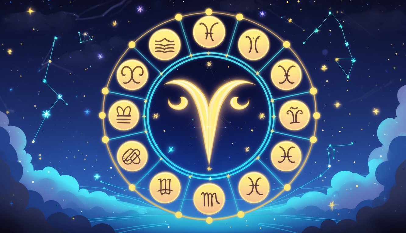 An illustration showing the Gemini zodiac symbol in the center surrounded by the other zodiac signs arranged in a circle against a starry night sky background.
