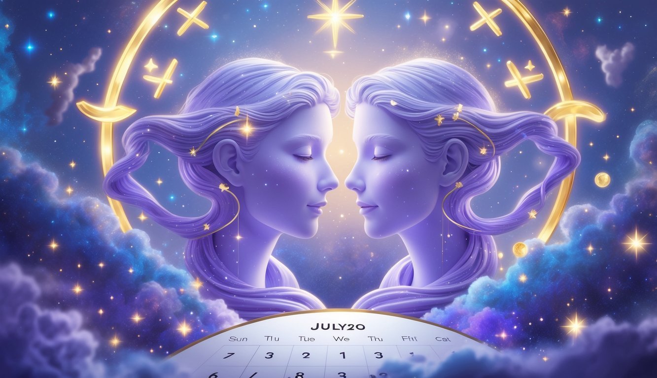 Two intertwined twin figures surrounded by stars and celestial symbols with a subtle calendar date indication, representing the Gemini horoscope for early July.