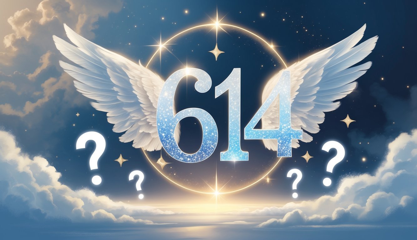 A glowing number 614 surrounded by angel wings, stars, and floating question marks against a soft, cloudy sky.