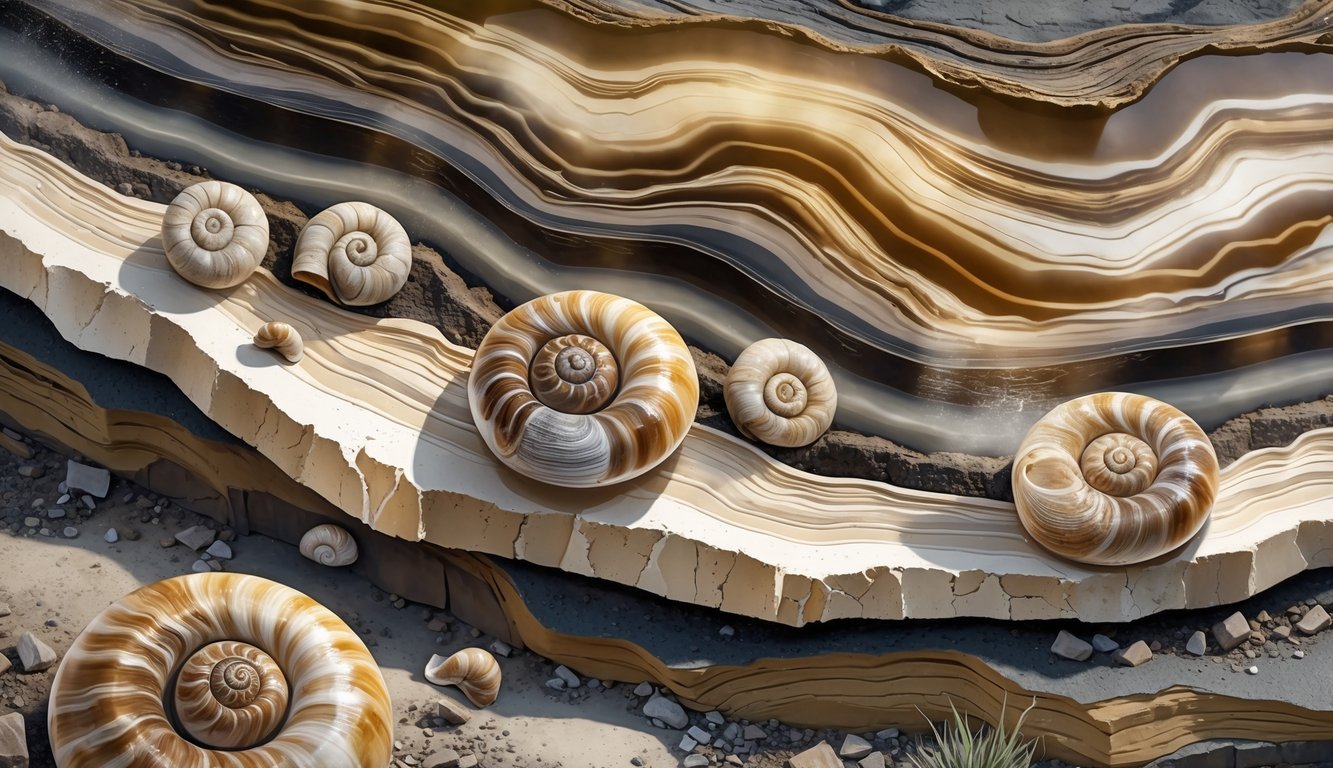 Cross-section of earth showing fossilized spiral turritella shells embedded in banded agate layers with surrounding sediment and rock formations.