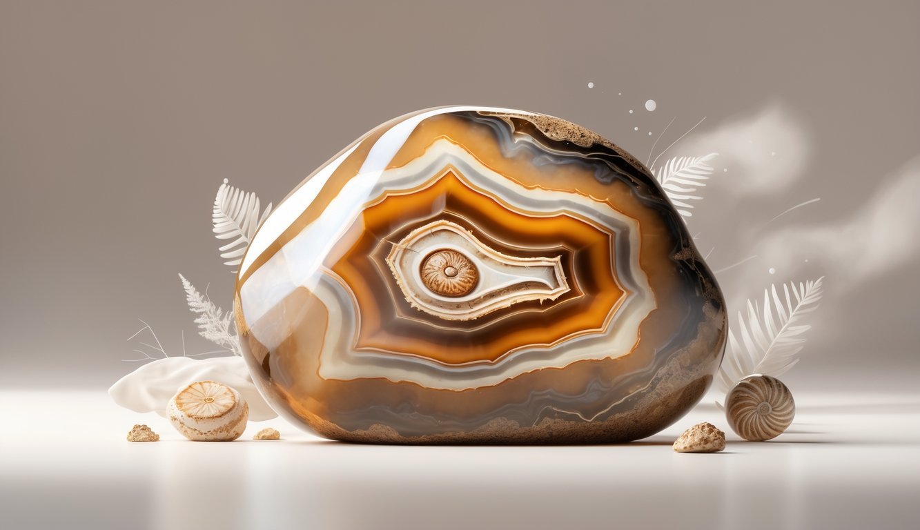 A polished turritella agate stone showing spiral fossil patterns and banded layers in earthy colors on a neutral background.