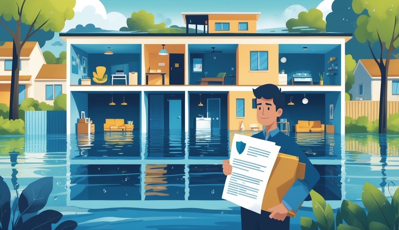 Cross-section of a building with flooded basement apartments and a person reviewing insurance documents nearby.