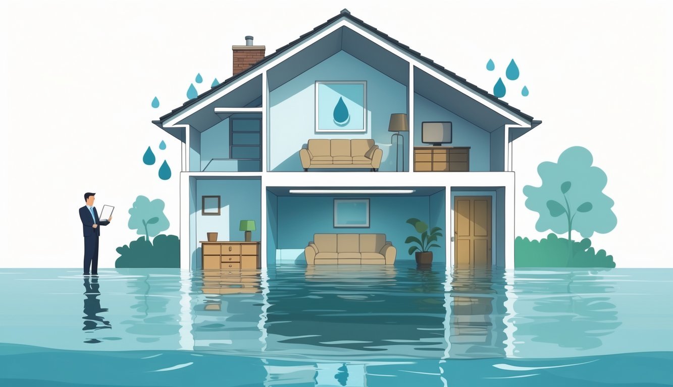 Cross-section of a house showing a flooded basement apartment with a person explaining flood insurance to a tenant near the basement entrance.
