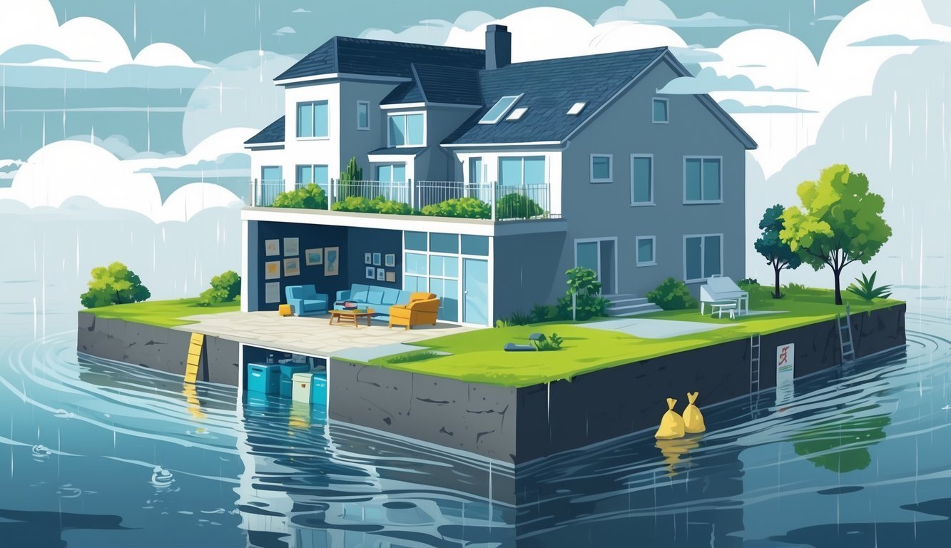 Cross-sectional view of a flooded basement apartment with water rising inside, a tenant talking to an insurance agent outside the building, and signs of heavy rain and flood protection measures around.