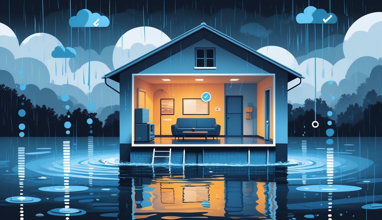 Cross-section of a residential building showing a flooded basement apartment during rainy weather with insurance-related icons nearby.