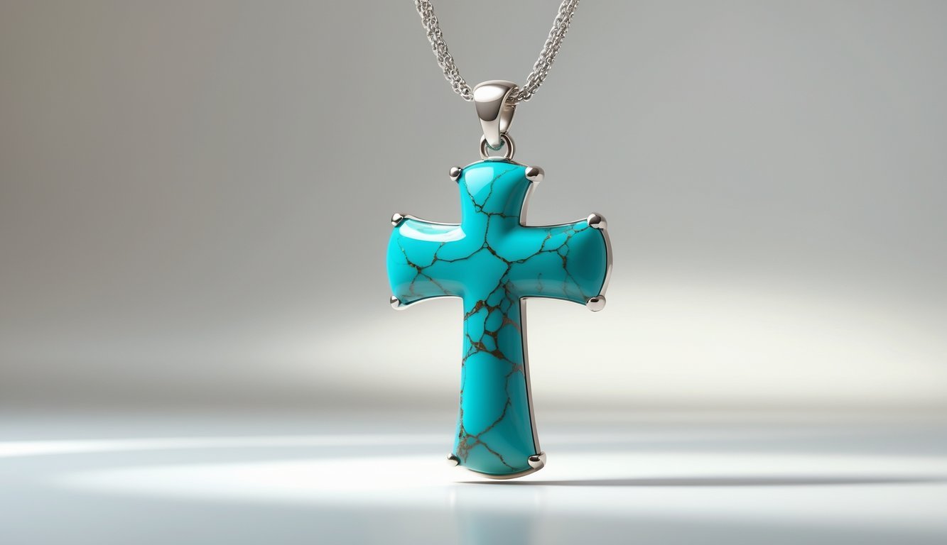 A turquoise cross pendant on a silver chain necklace against a neutral background.