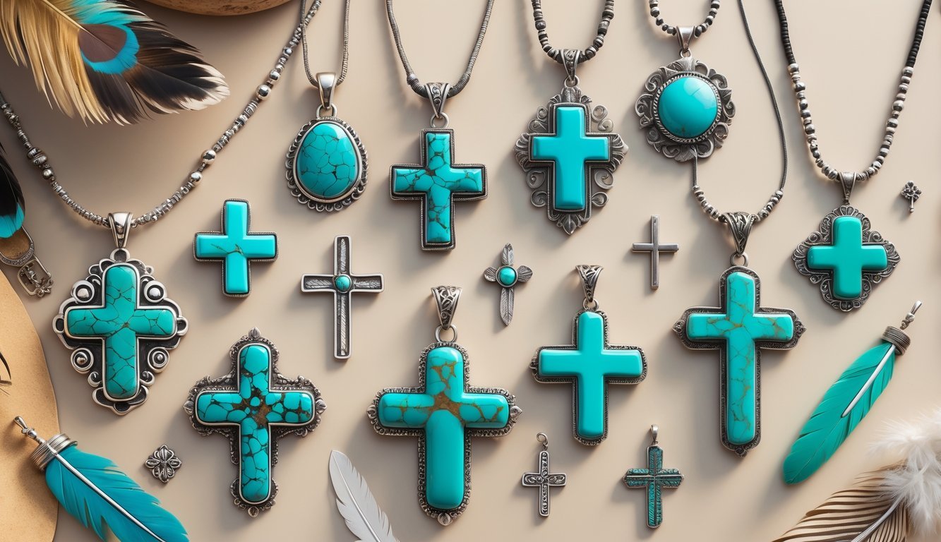 A collection of turquoise cross necklaces displayed with cultural artifacts on a neutral background.
