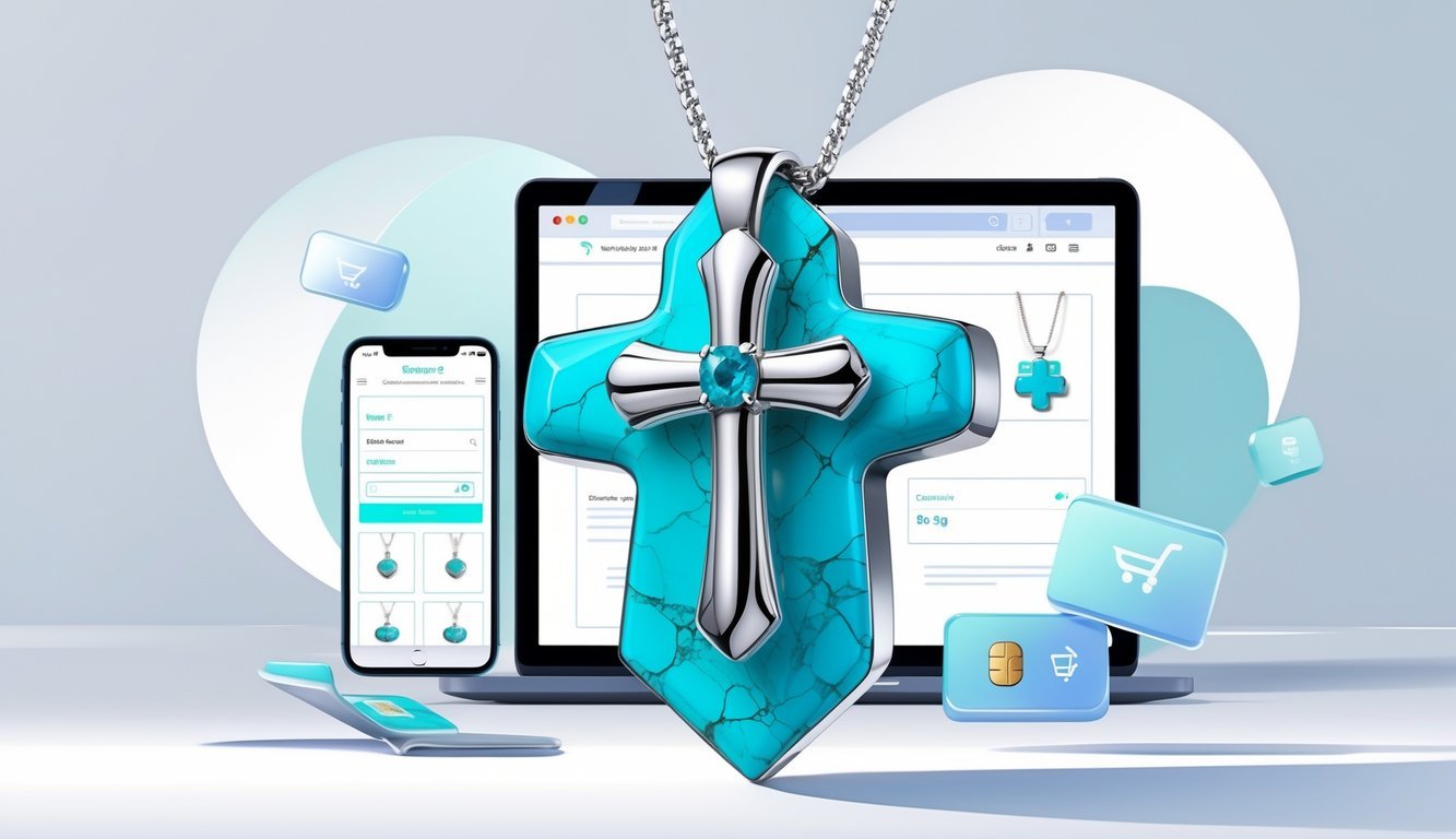 A turquoise cross necklace displayed with a laptop and smartphone showing online shopping elements in a clean setting.