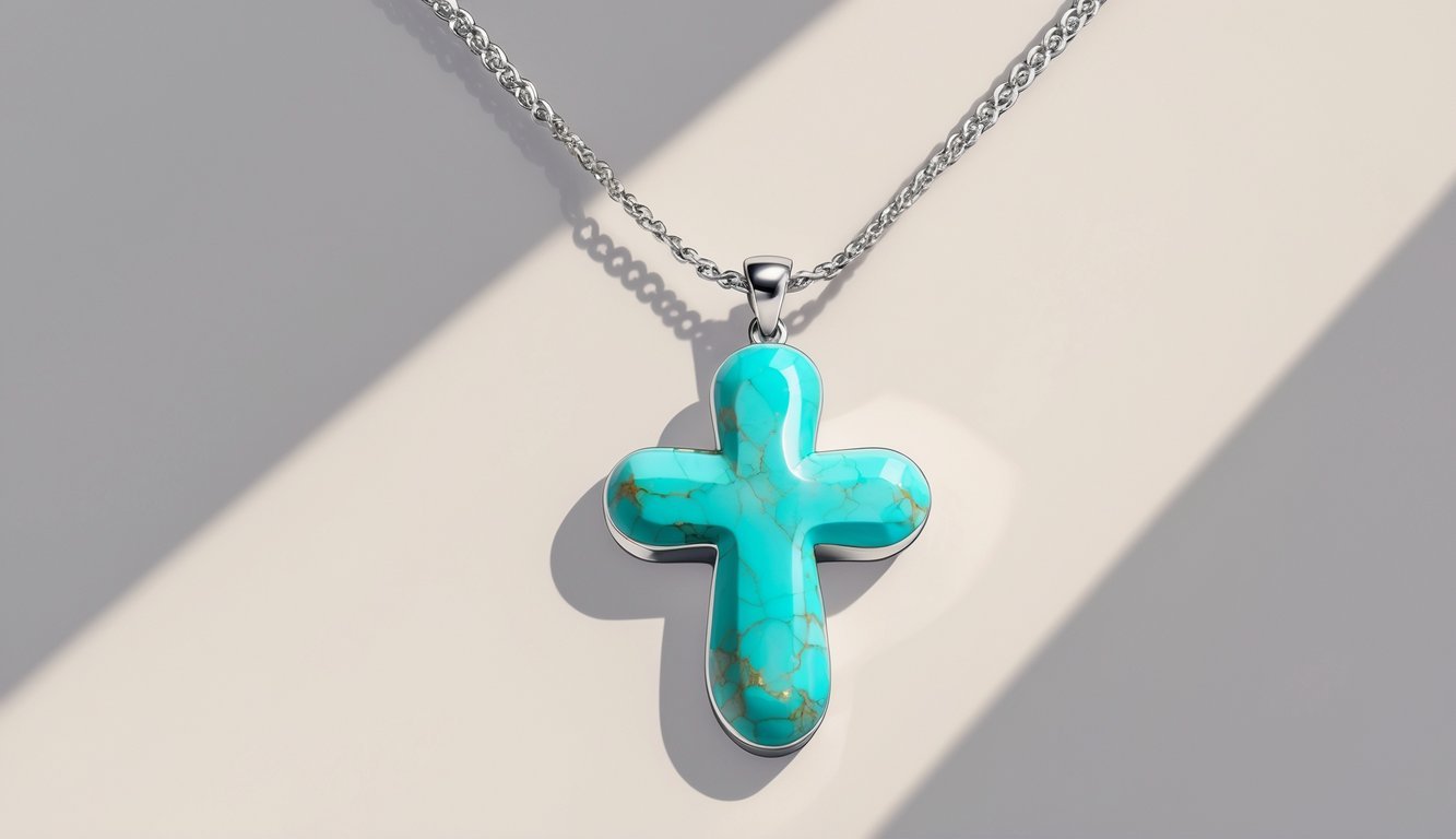 A turquoise cross necklace with a silver chain displayed on a neutral background.