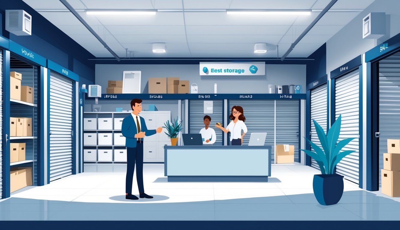 A customer and a storage facility manager interacting at the reception of a modern storage unit facility with open storage units and security features visible.