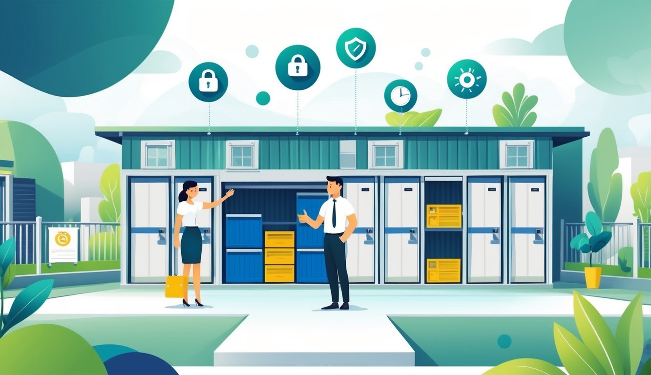 A businessperson showing a customer a clean, modern storage facility with multiple storage units and icons representing security, accessibility, cleanliness, and affordability.