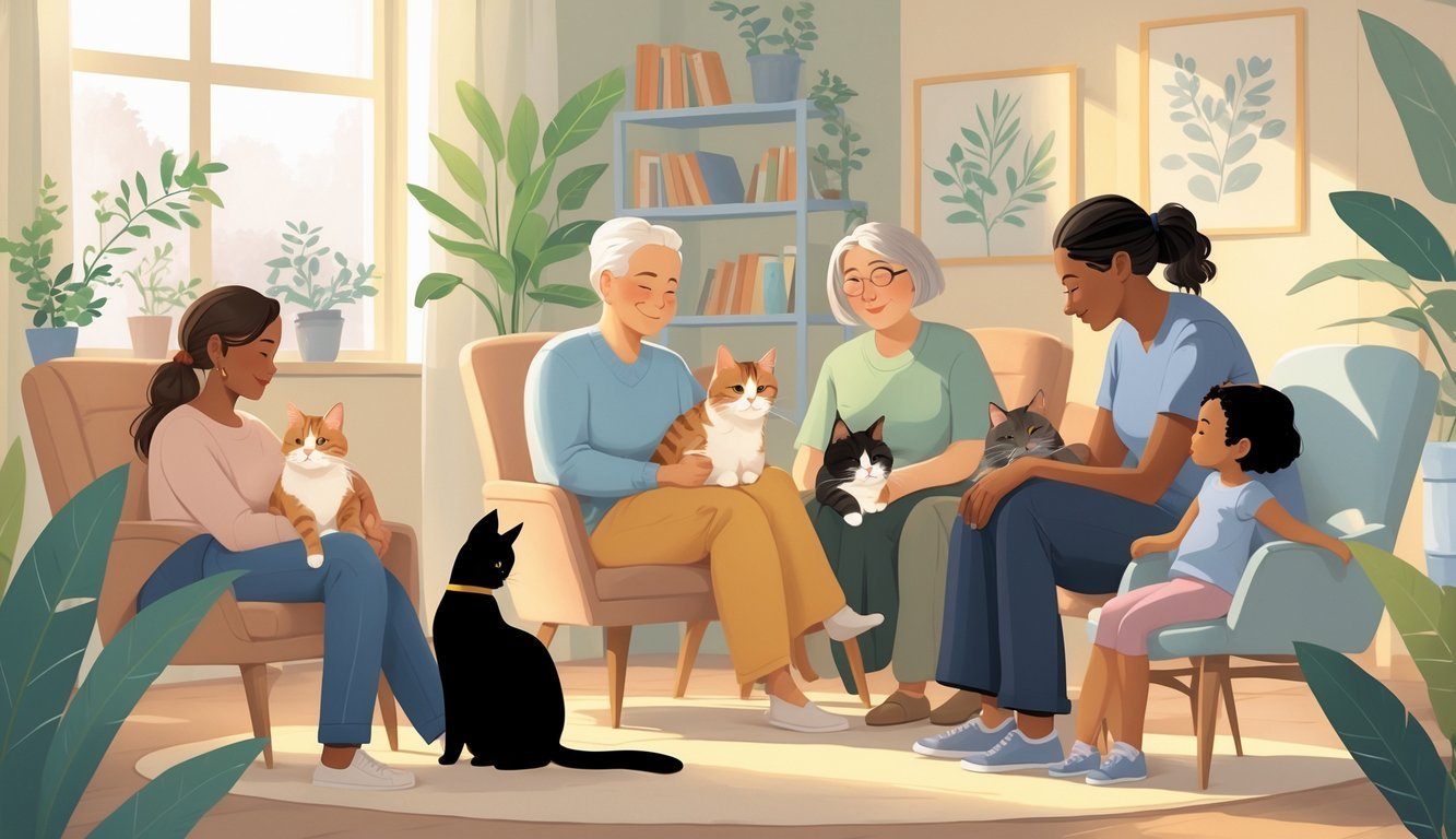 People of different ages and backgrounds interacting peacefully with several cats in a calm, cozy room during a therapy session.