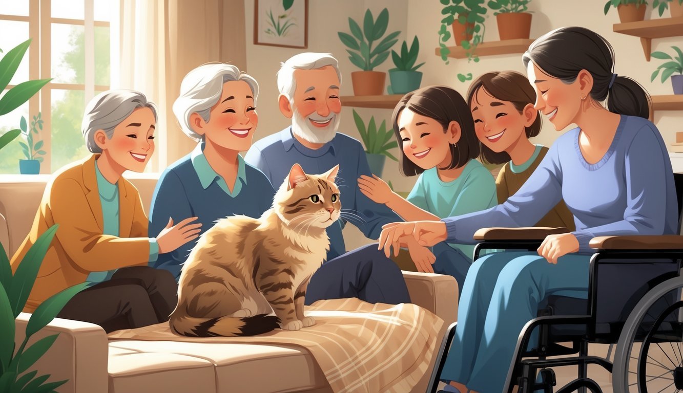 A therapy cat calmly sitting on a blanket while people of different ages and abilities gently interact with it in a cozy room.