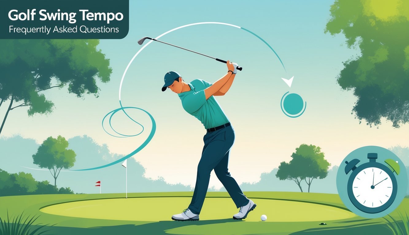 A golfer in mid-swing on a golf course with visual elements indicating timing and rhythm around the swing.