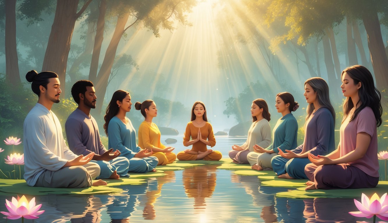 A peaceful outdoor scene with people meditating, praying, and practicing mindfulness surrounded by trees, a stream, and blooming lotus flowers.