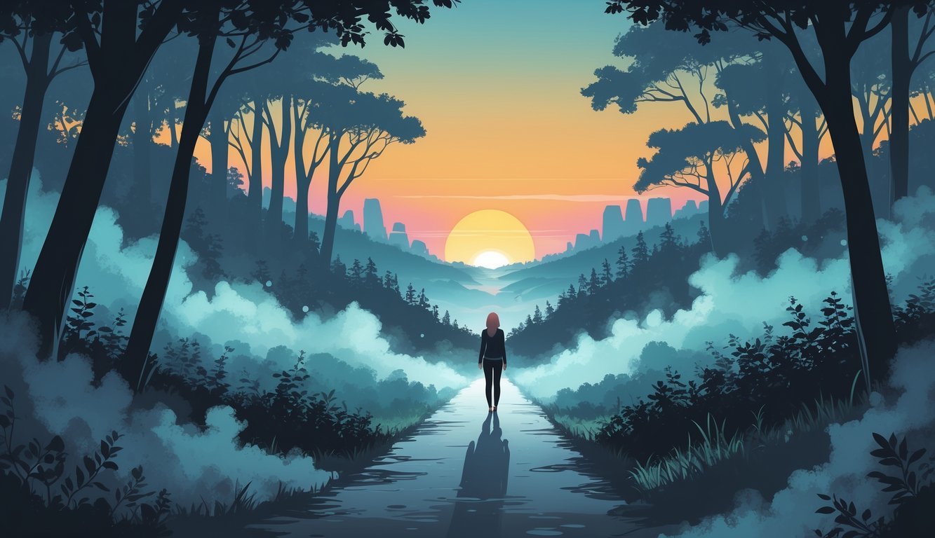A person stands at the edge of a dark forest with a bright path leading toward a sunrise, surrounded by glowing light and fading shadows symbolizing overcoming danger and personal growth.