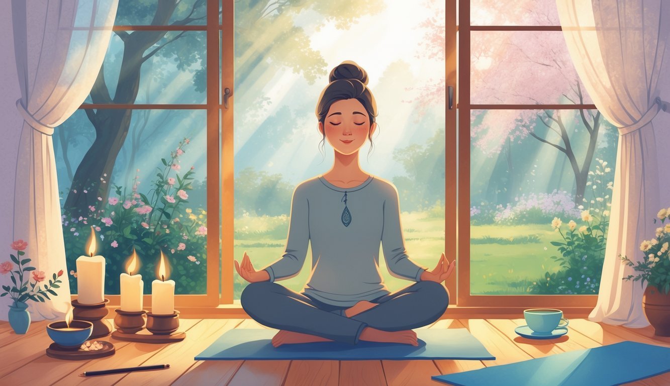 A person meditating peacefully indoors near a window showing a garden, with candles, incense, a journal, and a yoga mat around them.
